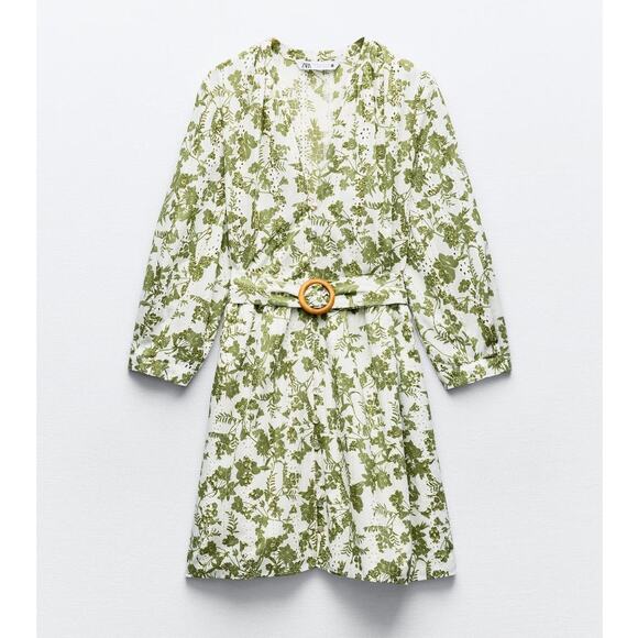 Zara V-neck Embroidered Eyelet Belted Mini Dress in White Green Floral - Picture 6 of 16